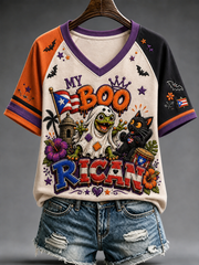 Women's Halloween in Puerto Rico BOORICUA Printed V-neck off-shoulder short-sleeved T-shirt