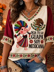 Women's Mexico Lele Doll Floral Art Printed T-Shirt