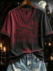 Women's Vintage A Little Ray of Pitch Black Gothic Halloween Print V-neck Short-sleeved T-shirt