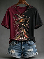 Women's Vintage Halloween Print V-neck Short-sleeved T-shirt