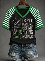 Women's Funny Halloween Don't Make Me Get My Flying Monkeys Witch Stripes Print Casual V-Neck Tee