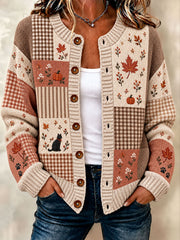 Women's Autumn Maple Leaf Pumpkin Cat Cardigan-Style Knit Jacket