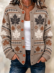 Women's Autumn Maple Leaf Cardigan-Style Knit Jacket
