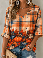 Women's Autumn Maple Leaf Pumpkin Mid-length Sleeves V-Neck T-Shirt