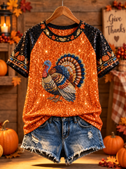 Women's Thanksgiving turkey print round neck short sleeve T-shirt