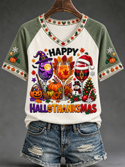 Women's Happy Hallothanksmas Print Halloween Thanksgiving Christmas Casual V-Neck Tee