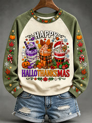 Women's Happy Hallothanksmas Print Halloween Thanksgiving Christmas Casual Sweatshirt