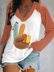 Women's Thanksgiving turkey print Double Layer Neck Long Sleeve T-Shirt