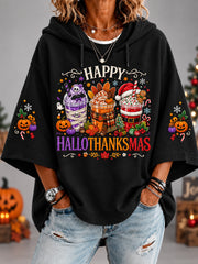 Women's Happy Hallothanksmas Print Halloween Thanksgiving Christmas 3/4 Sleeve Hoodie