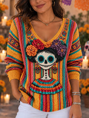 Women's Mexico Day of The Dead Art Print V-Neck Ribbed Top
