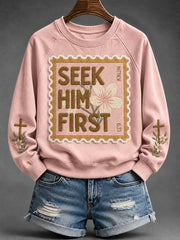 Women's Seek Him First Floral Cross Print Raglan Sleeve sweatshirt