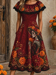 Women's Mexico Day of The Dead Floral Art Printed Dress