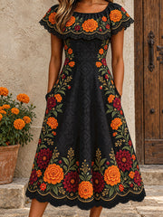 Women's Mexico Day of The Dead Floral Art Printed Dress