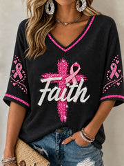 Women's Breast Cancer Pink Ribbon Faith Mid-length Sleeves V-Neck T-Shirt