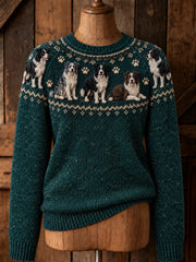 Women's Vintage Border Collies Yoke Isle Print Long-sleeved Sweater