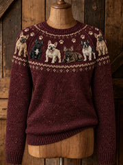 Women's Vintage French Bulldogs Yoke Isle Print Long-sleeved Sweater