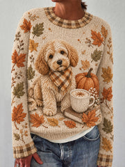 Women's Autumn Maple Leaf Element Dog Pattern Casual Raglan Sleeve Sweater