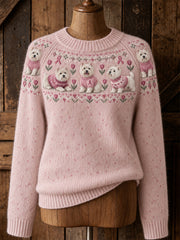 Women's Dog Pattern and Pink Charity Ribbon Design Casual Raglan Sleeve Sweater