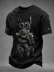 Men's Fierce Doberman Dog with Gun Print Short Sleeves T-shirt