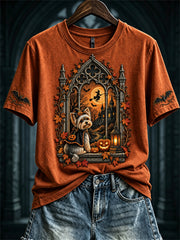 Women's Fall Halloween Yorkie Dog Gothic Window Print short-sleeved T-shirt