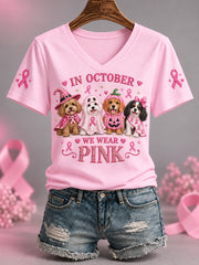 Women's In October We Wear Pink Halloween Pink Dogs Print Breast Cancer Awareness Support V-Neck Tee