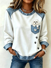Women's Peeking Maltese Dog Faux Pocket Print Denim Patchwork Top
