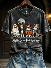 Women's Shelties Because People Are Creepy Halloween Dogs Print short-sleeved T-shirt