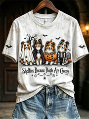 Women's Shelties Because People Are Creepy Halloween Dogs Print short-sleeved T-shirt