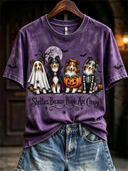 Women's Shelties Because People Are Creepy Halloween Dogs Print short-sleeved T-shirt