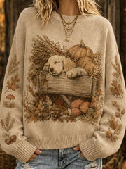 Women's Cute Autumn Puppy WIth Floral Pumpkins Print Crew Neck Sweater