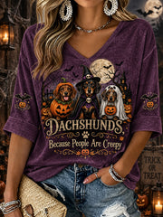 Women's Halloween Costume Dog Pattern Design Casual Mid-length Sleeves V-Neck T-Shirt