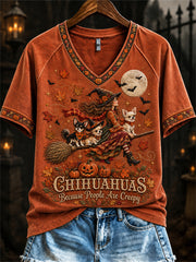 Women's Chihuahuas Because People Are Creepy Fall Witch & Dogs Print short-sleeved T-shirt