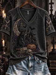 Women's Vintage Halloween Gothic Print V-neck Short-sleeved T-shirt