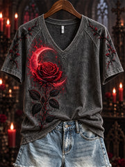 Women's Halloween Gothic Bloody Rose & Thorns Crescent Print short-sleeved T-shirt