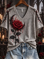 Women's Halloween Gothic Bloody Rose & Thorns Crescent Print short-sleeved T-shirt