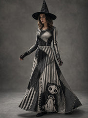 Women's Halloween Art Patchwork Print Casual Long-Sleeve Long Dress