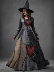 Women's Halloween Art Patchwork Print Casual Long-Sleeve Long Dress