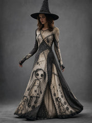 Women's Halloween Art Patchwork Print Casual Long-Sleeve Long Dress