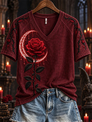 Women's Halloween Gothic Bloody Rose & Thorns Crescent Print short-sleeved T-shirt