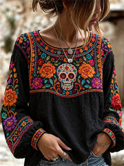 Women's Day of the Dead Sugar Skull Mexican Folk Colorful Floral Print Shirt