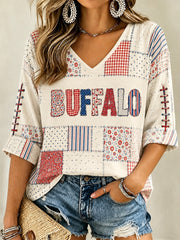 Women's Football Lover Buffalo Print Casual V-Neck Tee