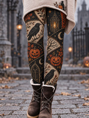 Women's Gothic Halloween Raven Pumpkin Patchwork Leggings