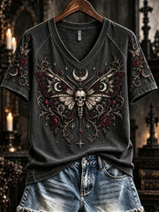 Women's Vintage Gothic Skull Butterfly Print V-neck Short-sleeved T-shirt