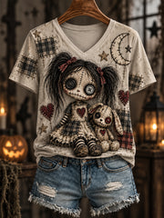 Women's Halloween Creepy Dolls Print Casual V-Neck Tee