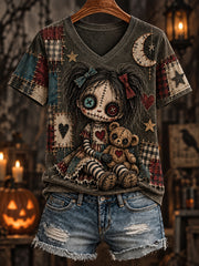 Women's Halloween Creepy Dolls Print Casual V-Neck Tee