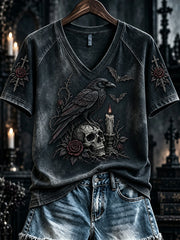 Women's Vintage Halloween Gothic Rose Skull Print Short-sleeved T-shirt