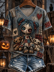 Women's Halloween Creepy Dolls Print Casual V-Neck Tee