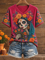 Women's Mexico Day of The Dead Floral Art Printed T-shirt