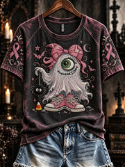 Women's One Eye Halloween Ghost with Spider Pink Ribbon Print Short Sleeve T-shirt