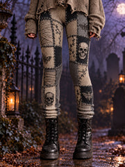 Women's Halloween Gothic Style Patchwork Print Velvet Leggings